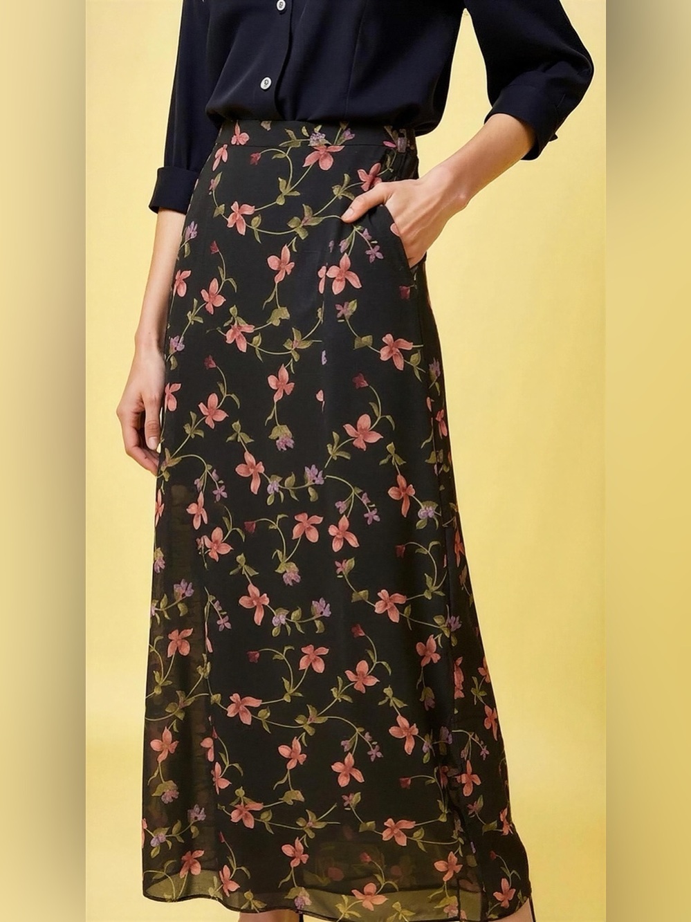 Black Maxi Skirt with Pink Floral Print